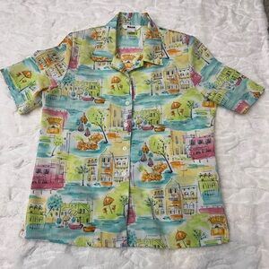 Vintage Alia Colorful Cityscape Short Sleeve Shirt With Shoulder Pads